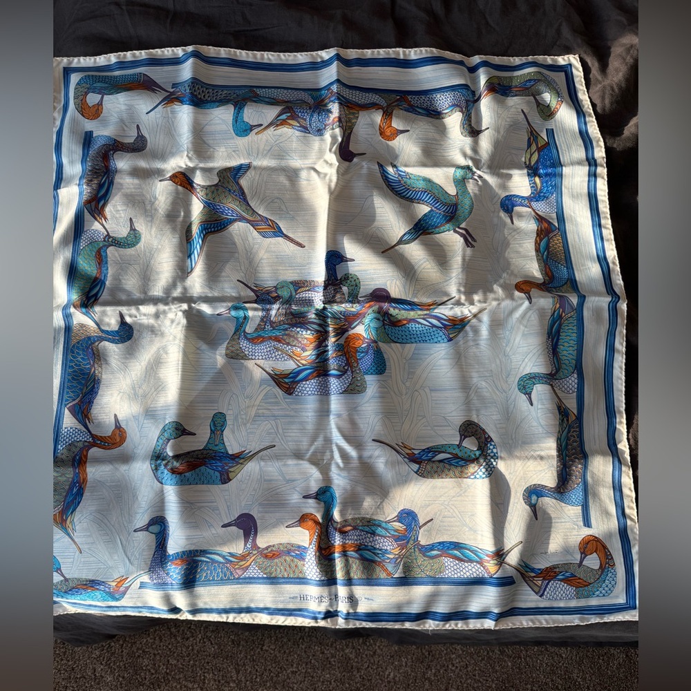 Hermes Vintage mallard Blue and Orange Silk scarf